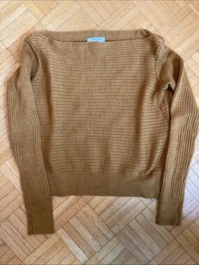 Babaton Off-the-Shoulder Merino Wool Sweater in Camel Brown